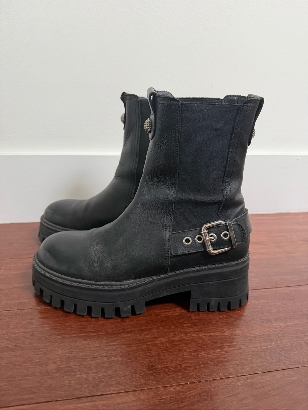 Black Chunky Lug Sole Leather Ankle Boots - Women's